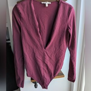 Express One Eleven Deep V-Neck Plunge Long Sleeve Bodysuit - Maroon - Medium